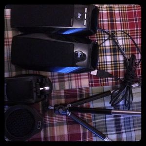 TwoLogitech speakers with mic built and a mic